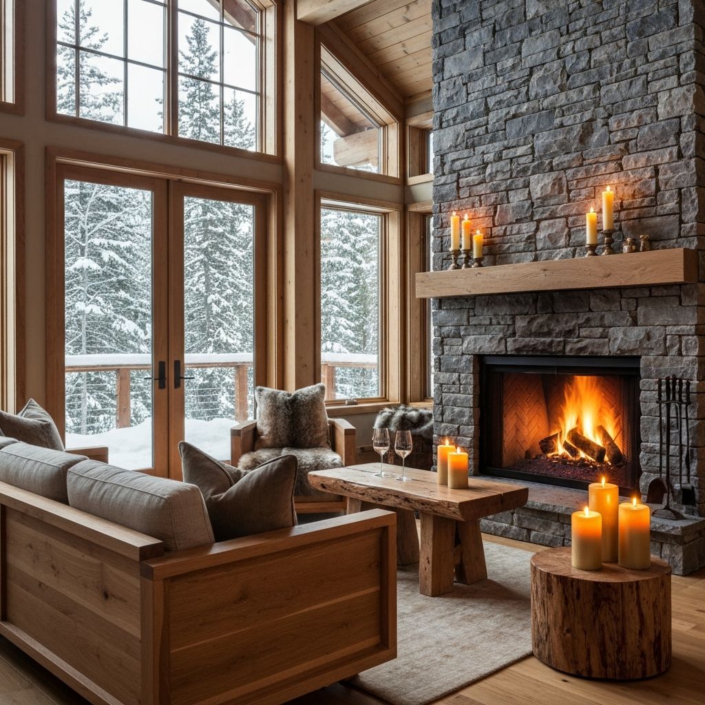 Luxury romantic chalet interior with fireplace and snowy forest view